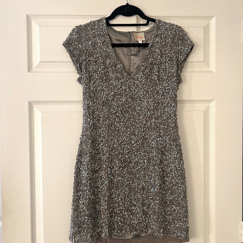 Parker Silver Grey Sequin Beaded Mini Dress - Small